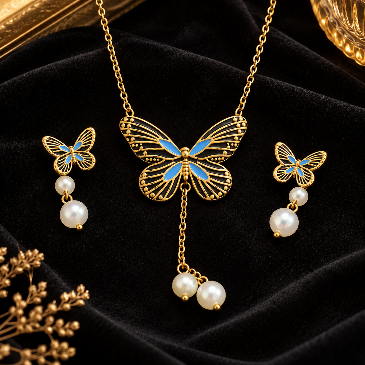 Conjunto Colar e Brincos Borboleta Azul e Preto