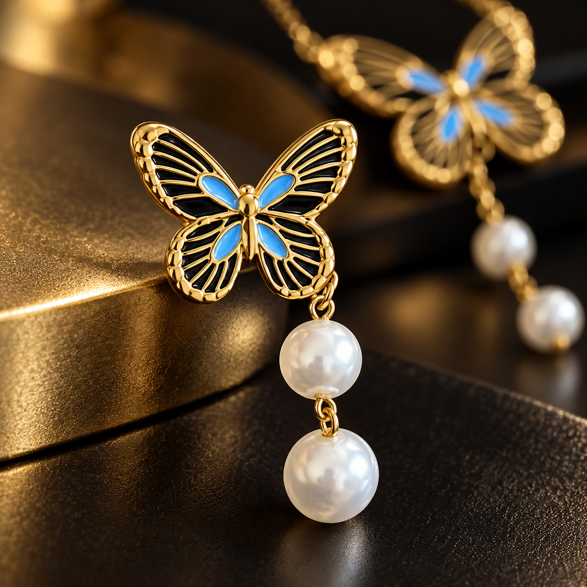 Conjunto Colar e Brincos Borboleta Azul e Preto