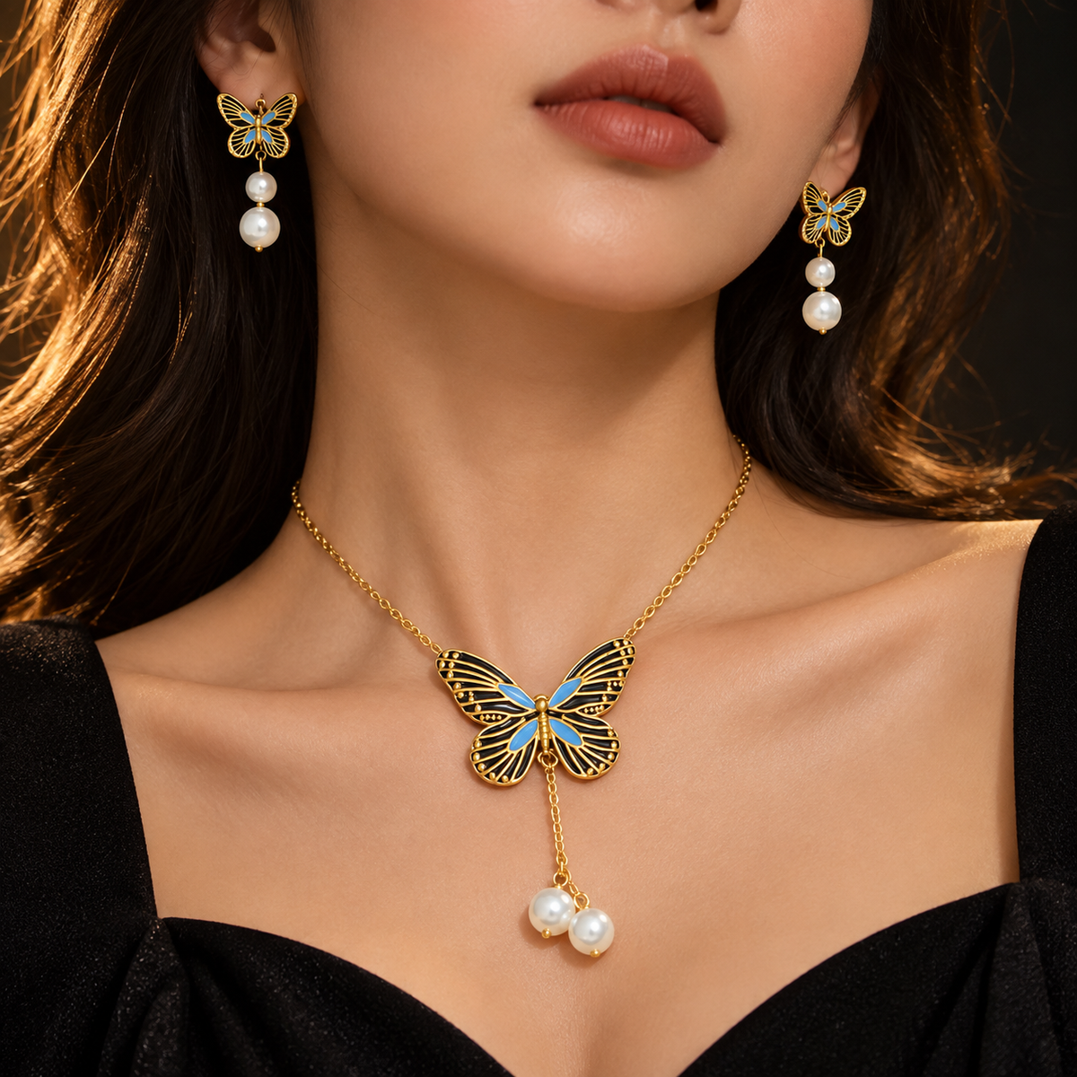 Conjunto Colar e Brincos Borboleta Azul e Preto