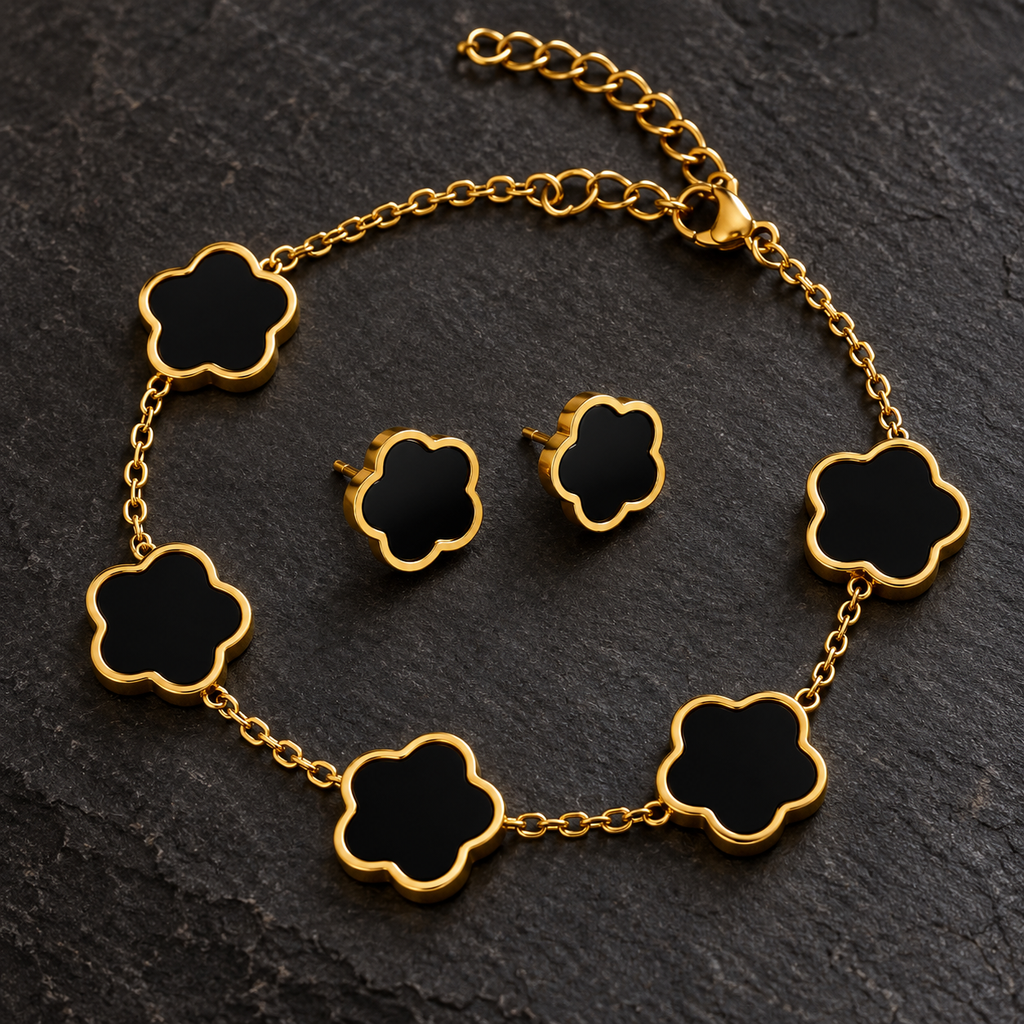 Conjunto Colar, Pulseira e Brincos com Flores Pretas