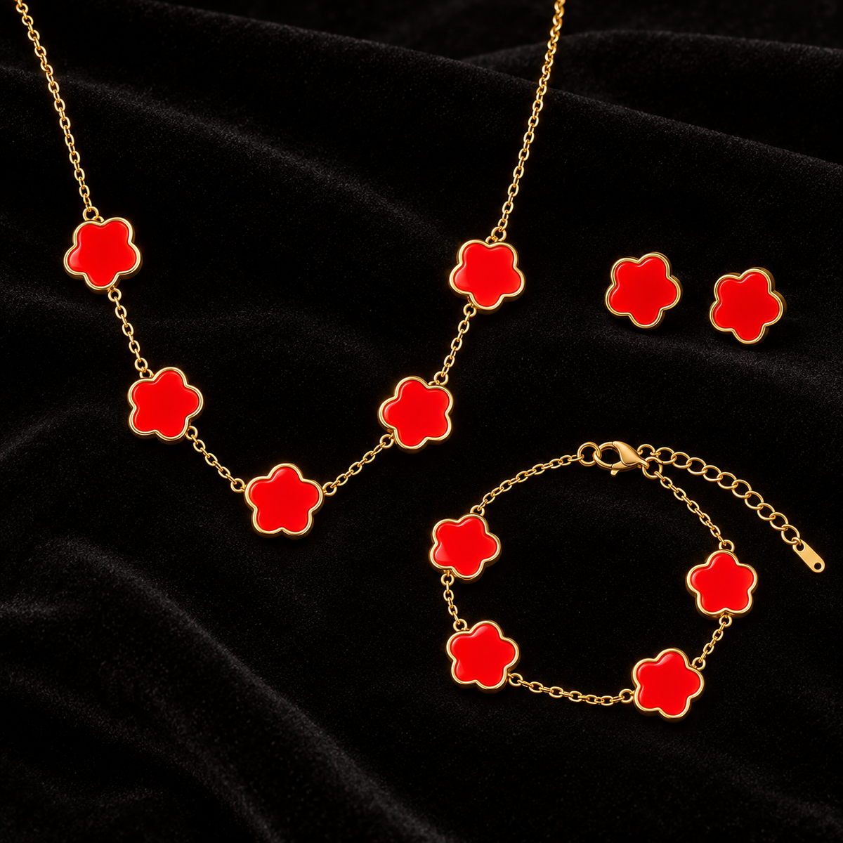 Conjunto Colar, Pulseira e Brincos com Flores Vermelhas