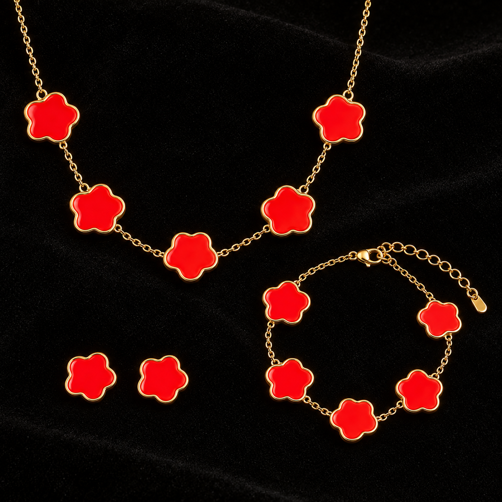 Conjunto Colar, Pulseira e Brincos com Flores Vermelhas