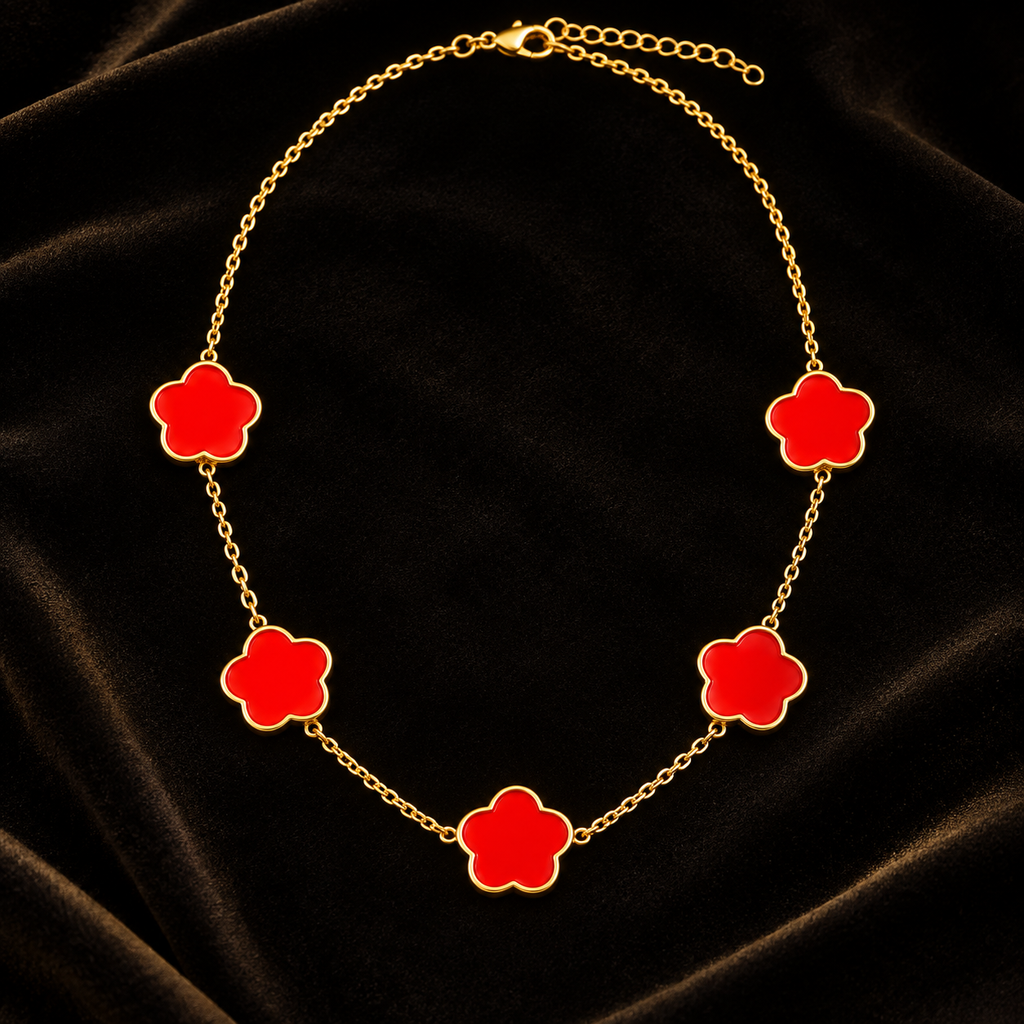 Conjunto Colar, Pulseira e Brincos com Flores Vermelhas