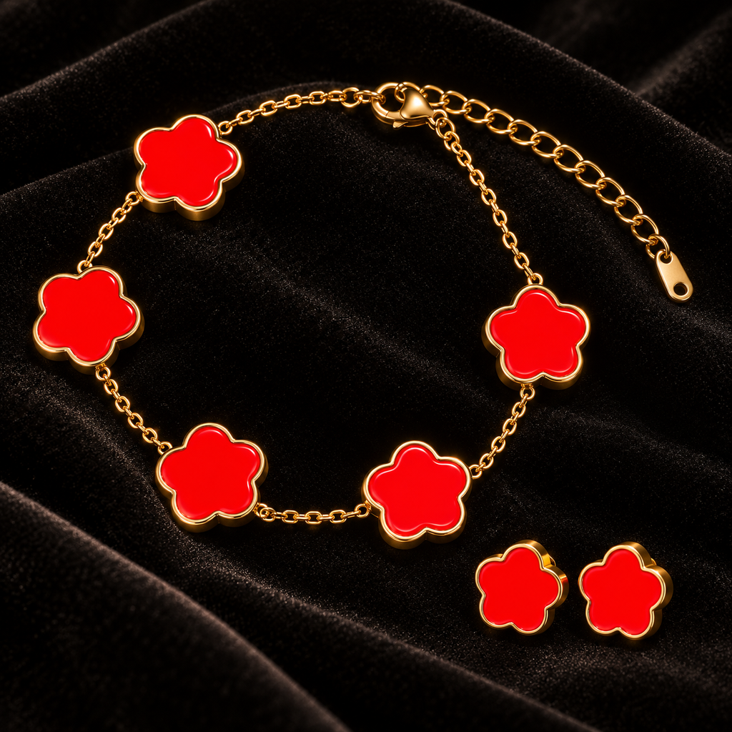 Conjunto Colar, Pulseira e Brincos com Flores Vermelhas