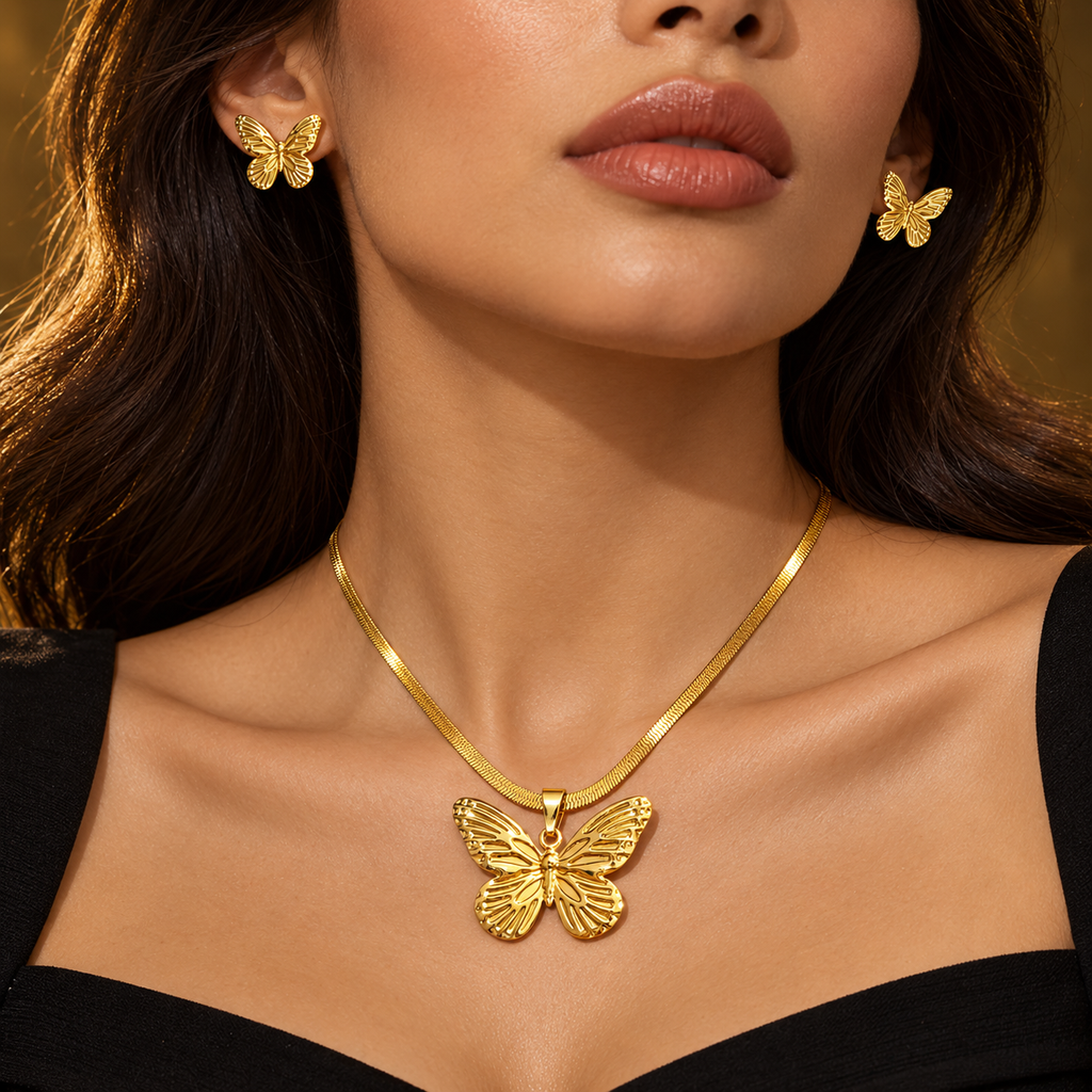 Conjunto Colar e Brincos Borboleta Dourada
