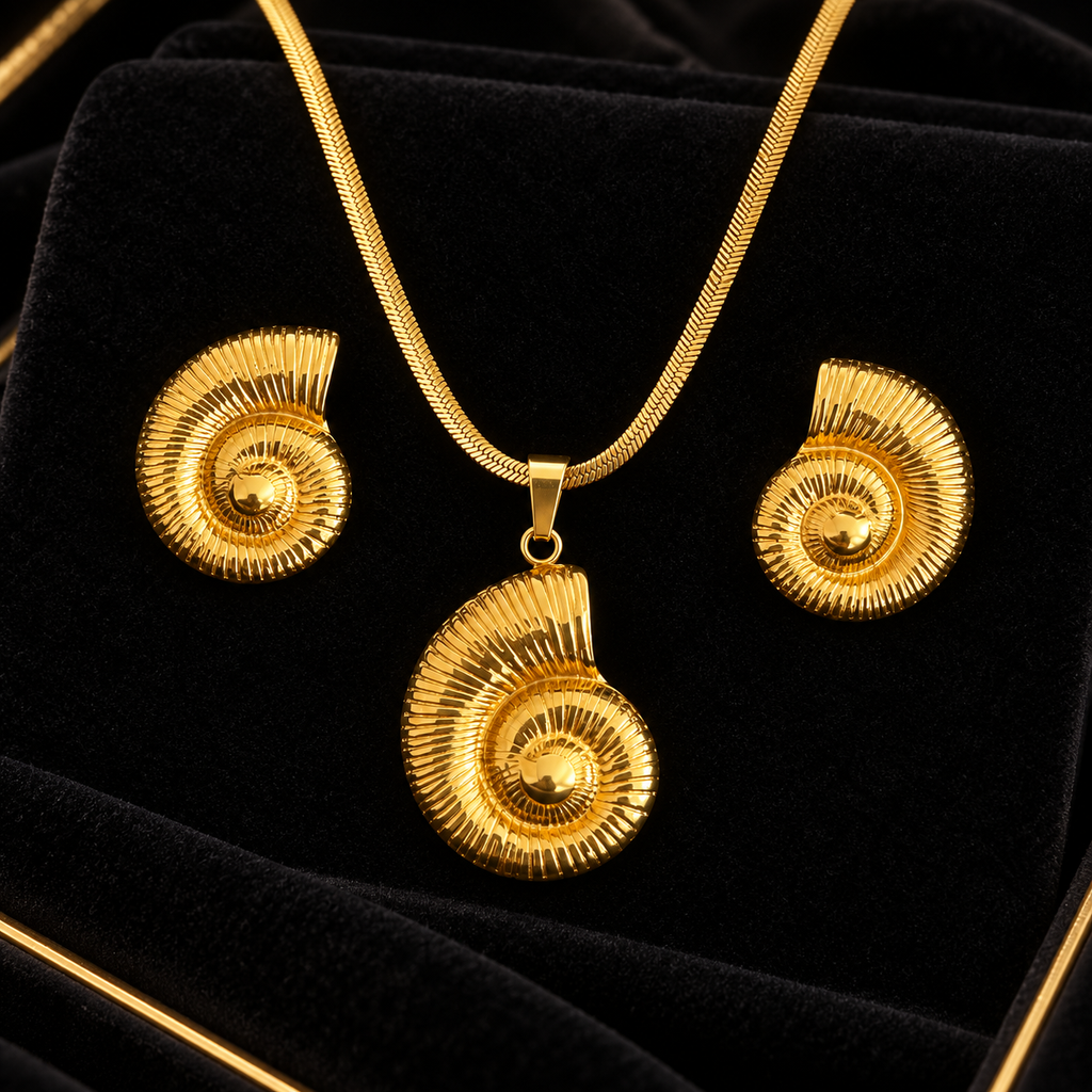 Conjunto Colar e Brincos Concha Espiral Dourada