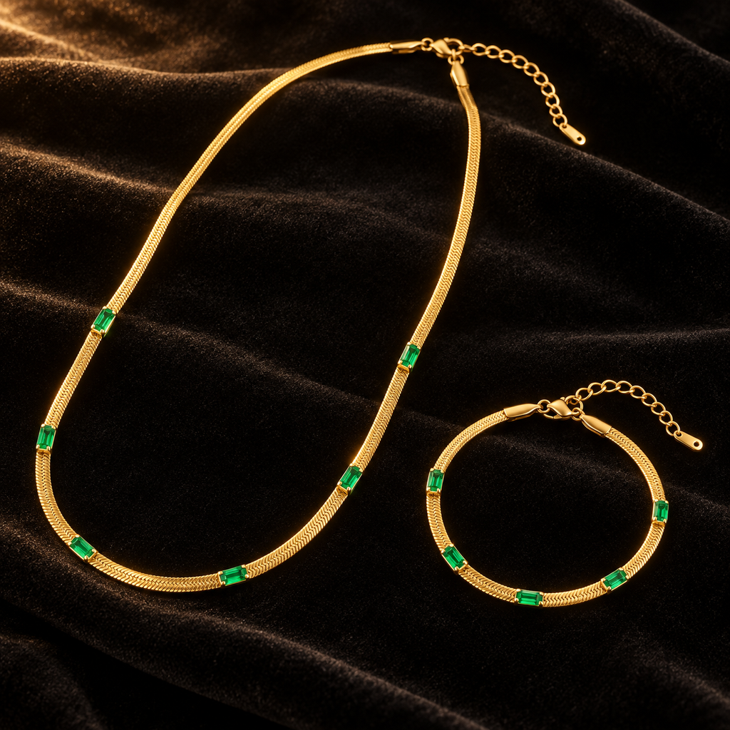 Conjunto Colar e Pulseira Dourados com Detalhes Verdes