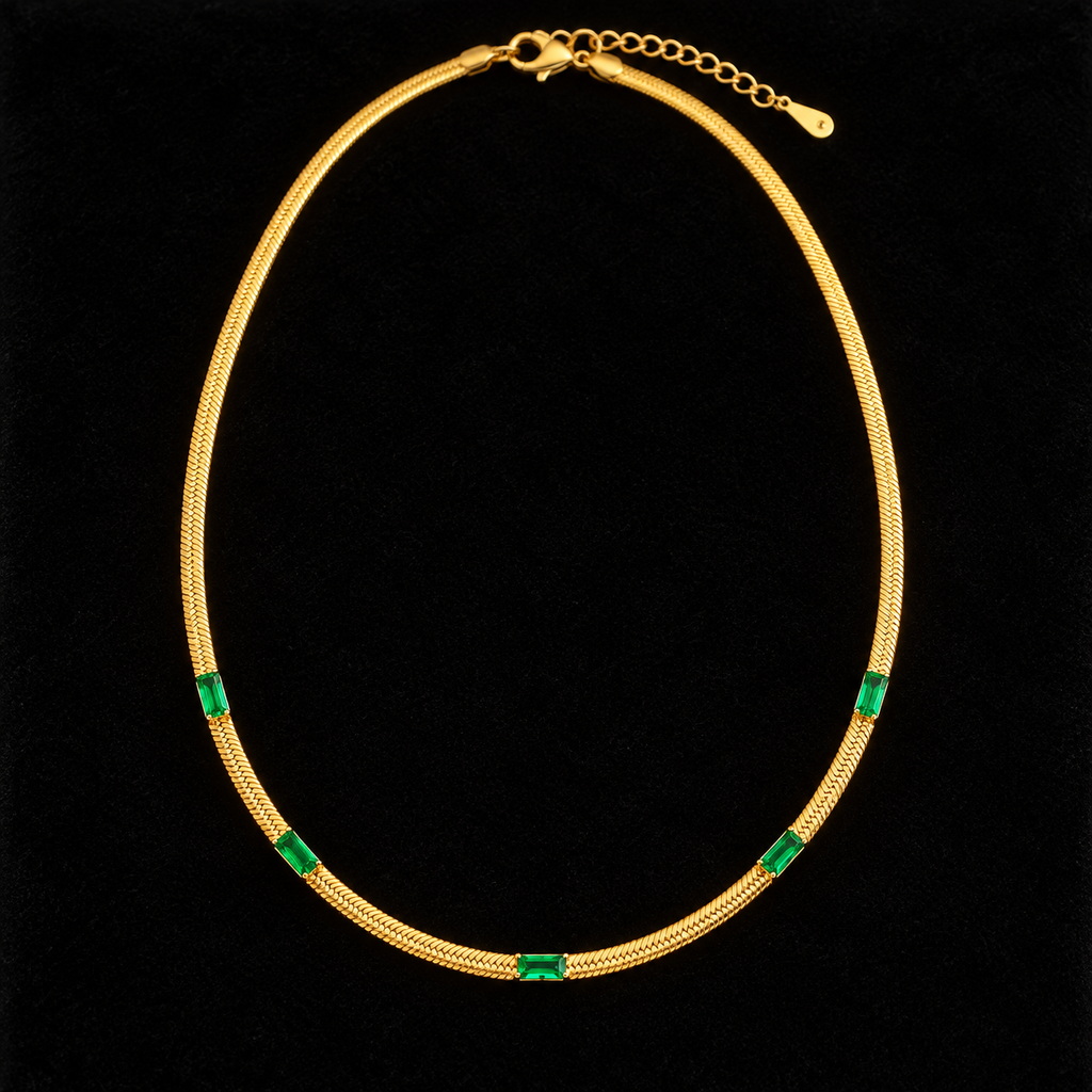 Conjunto Colar e Pulseira Dourados com Detalhes Verdes