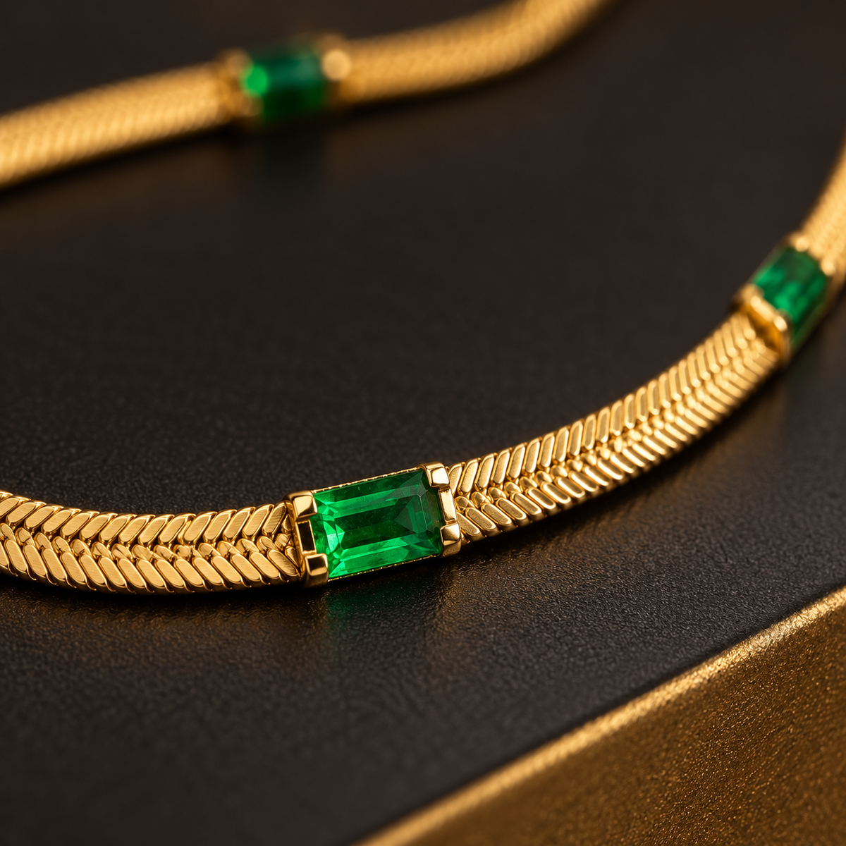 Conjunto Colar e Pulseira Dourados com Detalhes Verdes