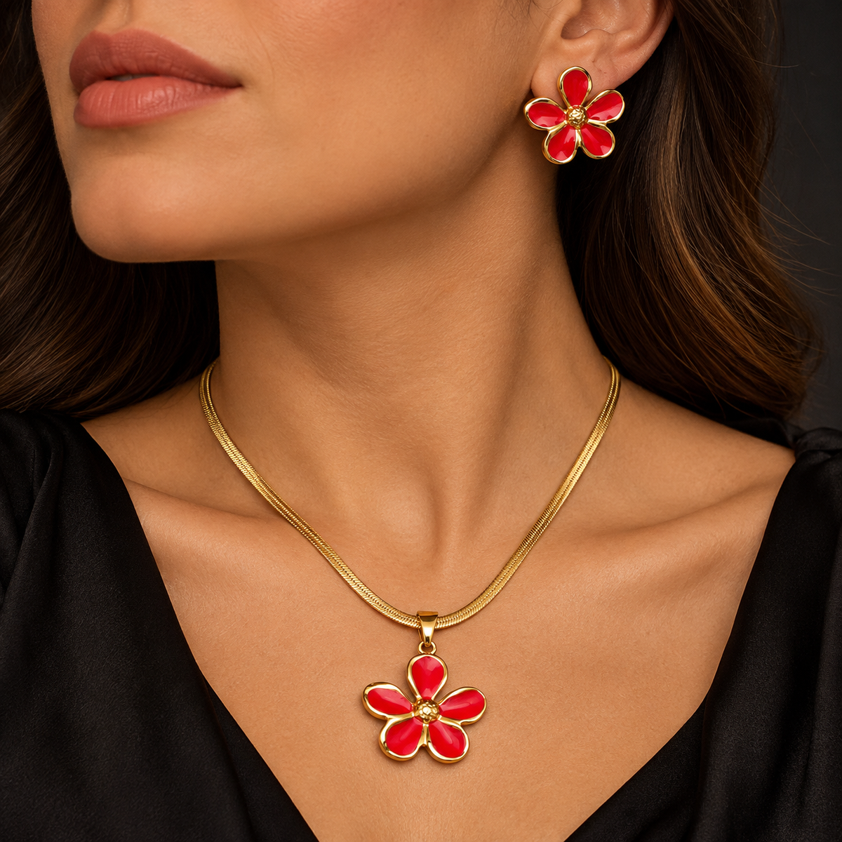 Conjunto Floral Vermelho e Dourado com Colar e Brincos