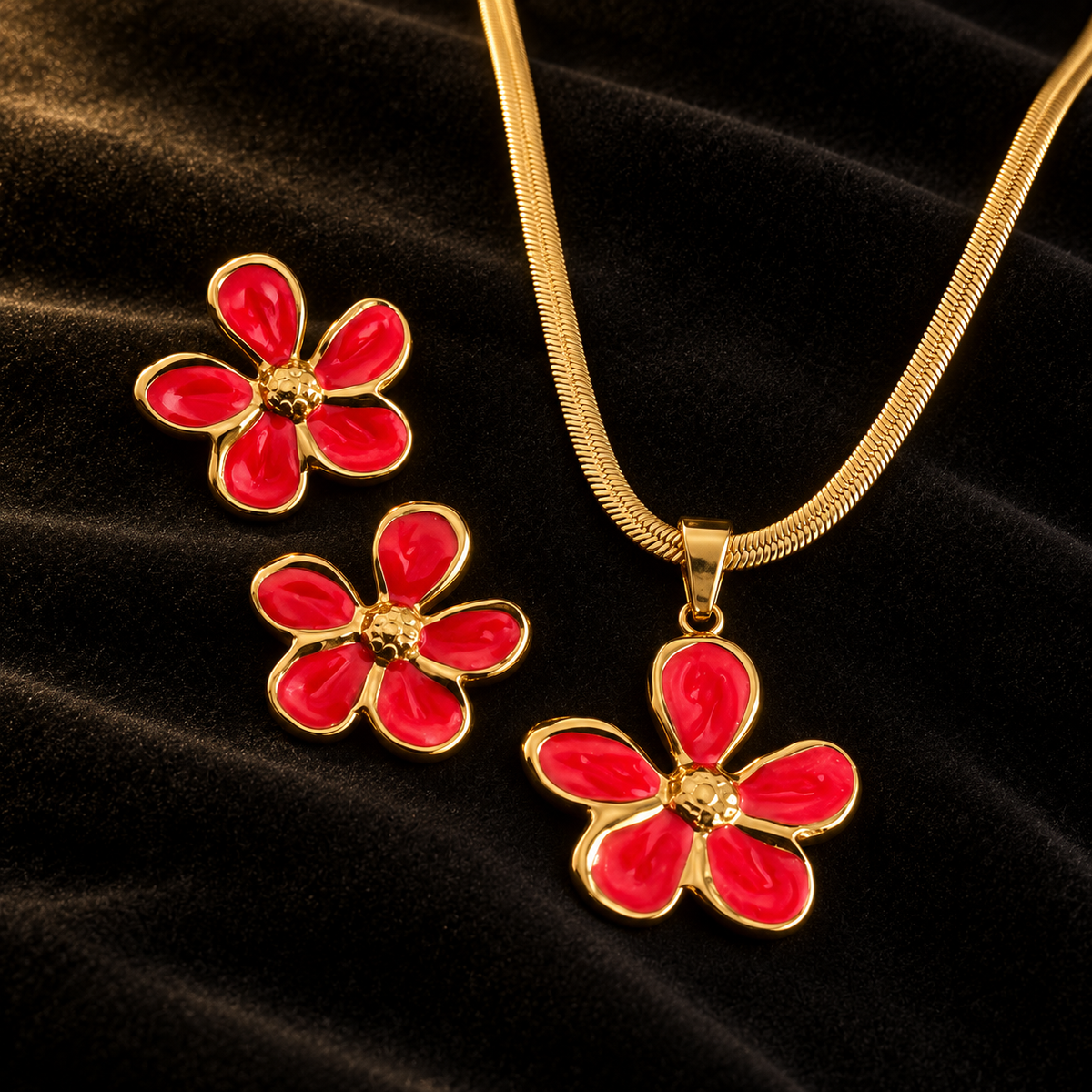 Conjunto Floral Vermelho e Dourado com Colar e Brincos