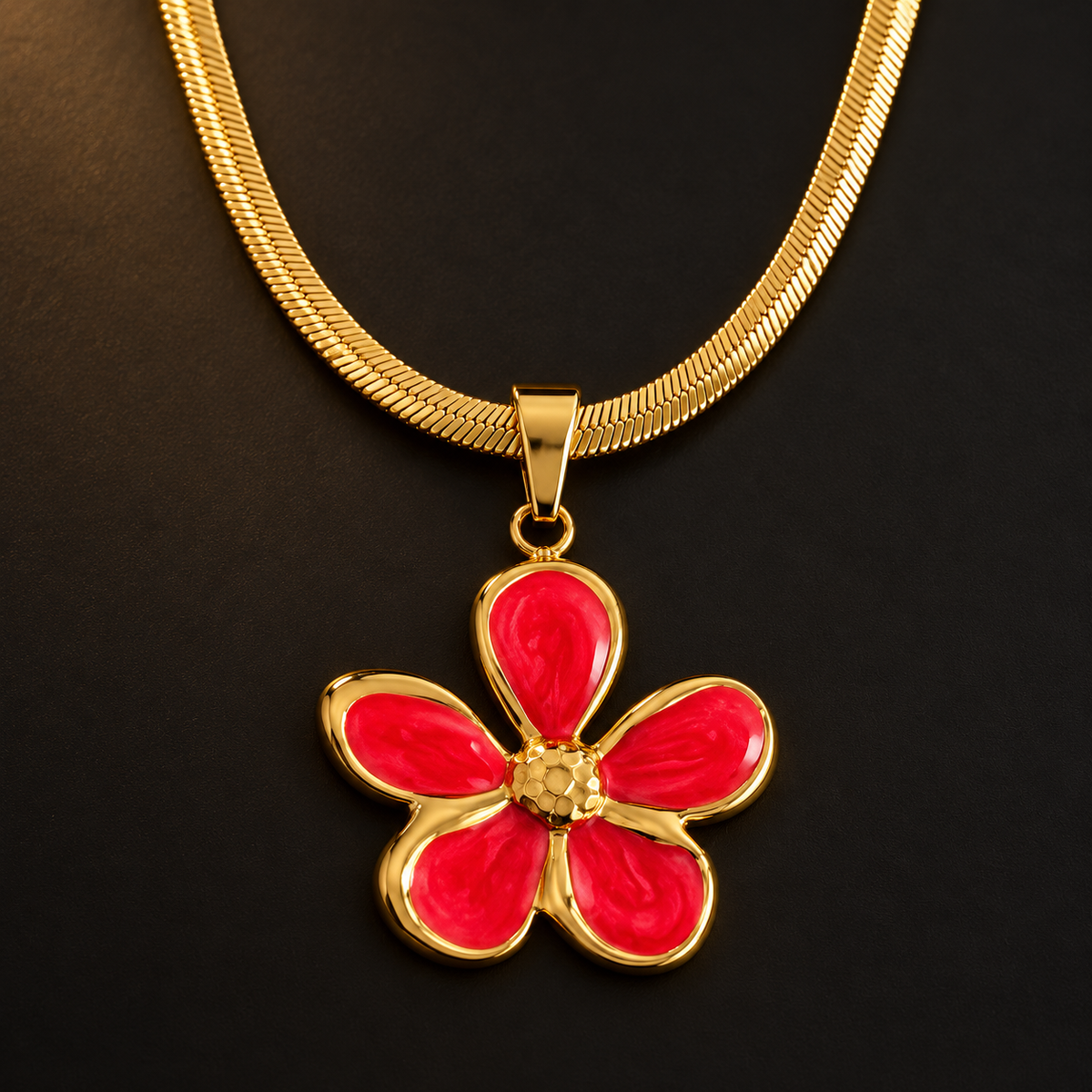 Conjunto Floral Vermelho e Dourado com Colar e Brincos