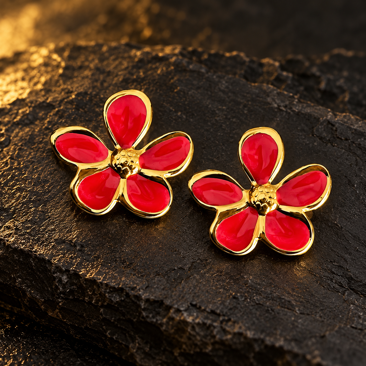 Conjunto Floral Vermelho e Dourado com Colar e Brincos