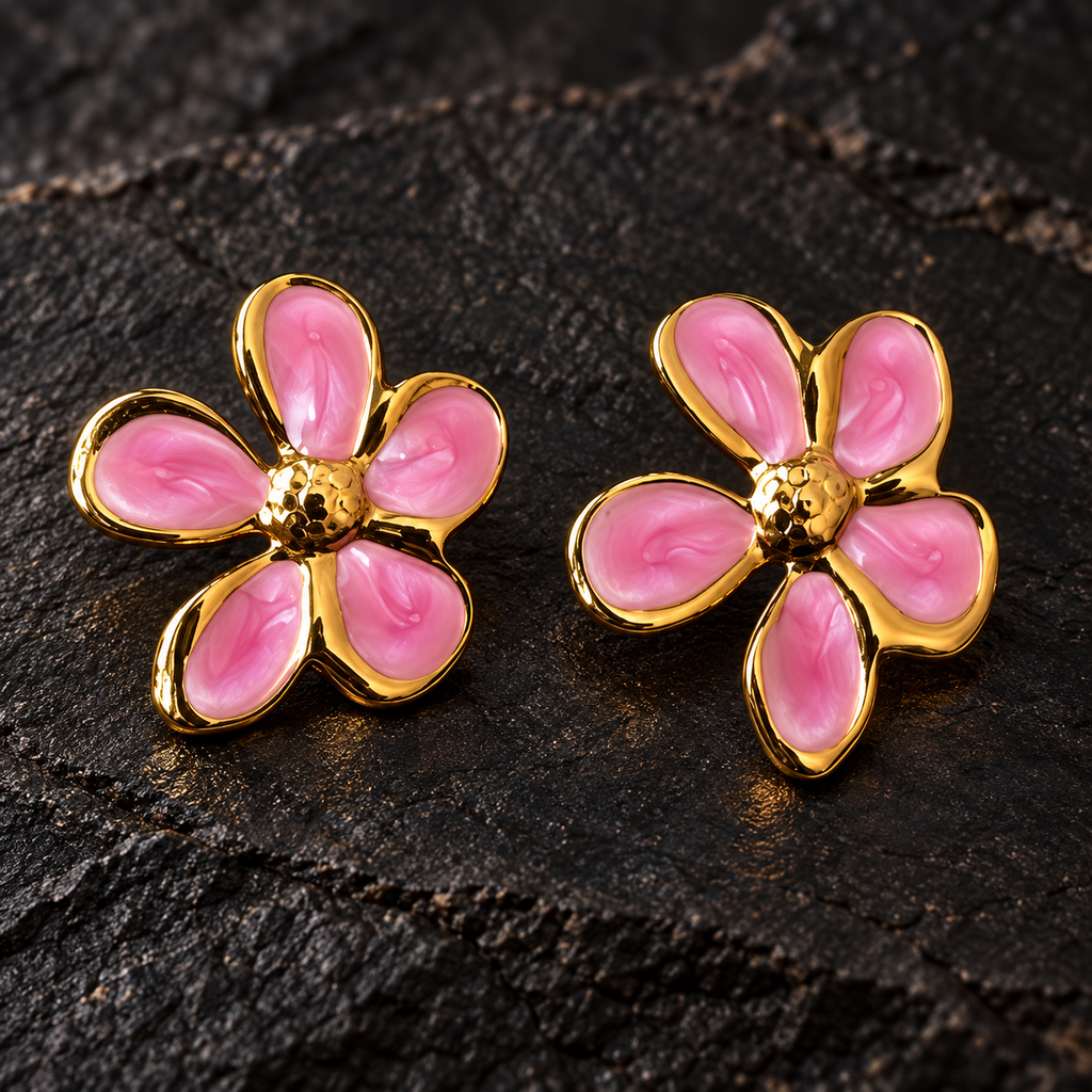 Conjunto Floral Vermelho e Rosa com Colar e Brincos