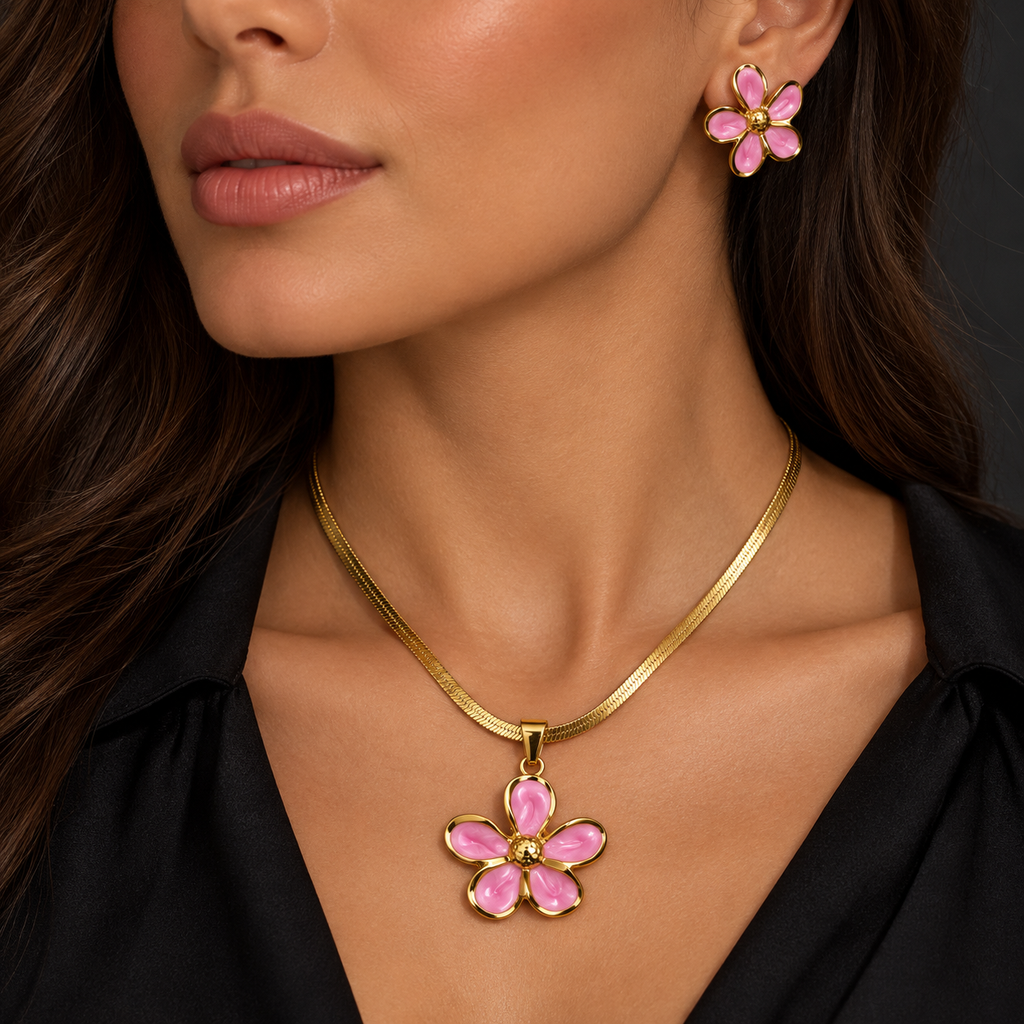 Conjunto Floral Vermelho e Rosa com Colar e Brincos
