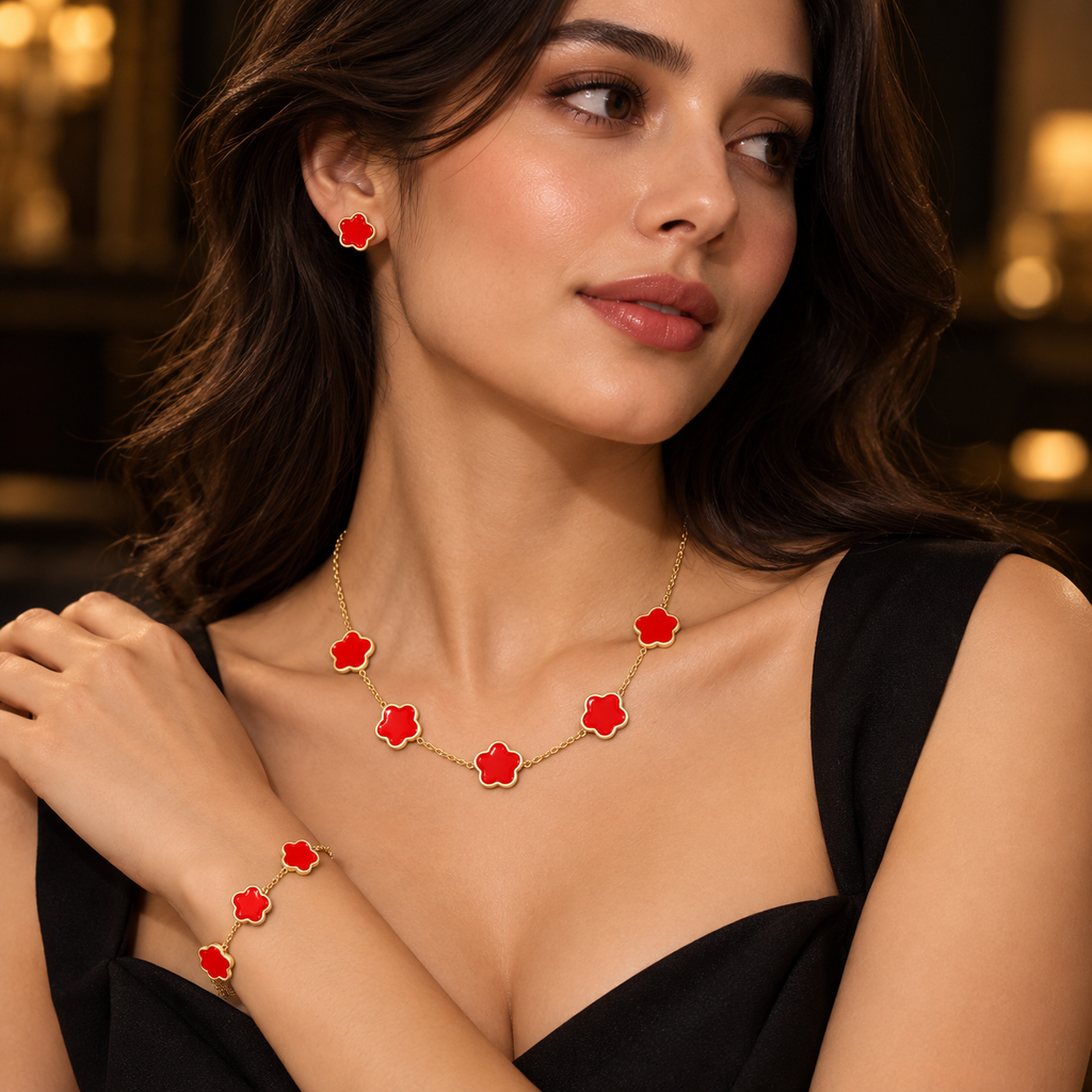 Conjunto Colar, Pulseira e Brincos com Flores Vermelhas