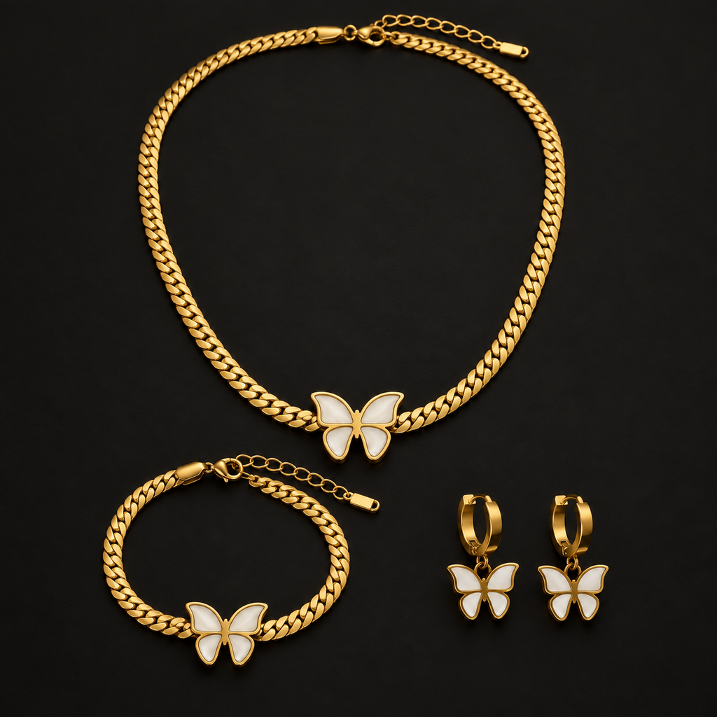 Conjunto Colar, Pulseira e Brincos Borboleta Branca