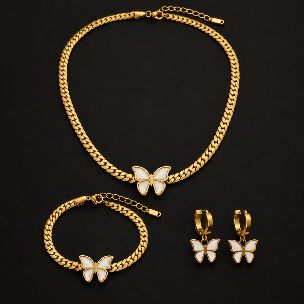 Conjunto Colar, Pulseira e Brincos Borboleta Branca