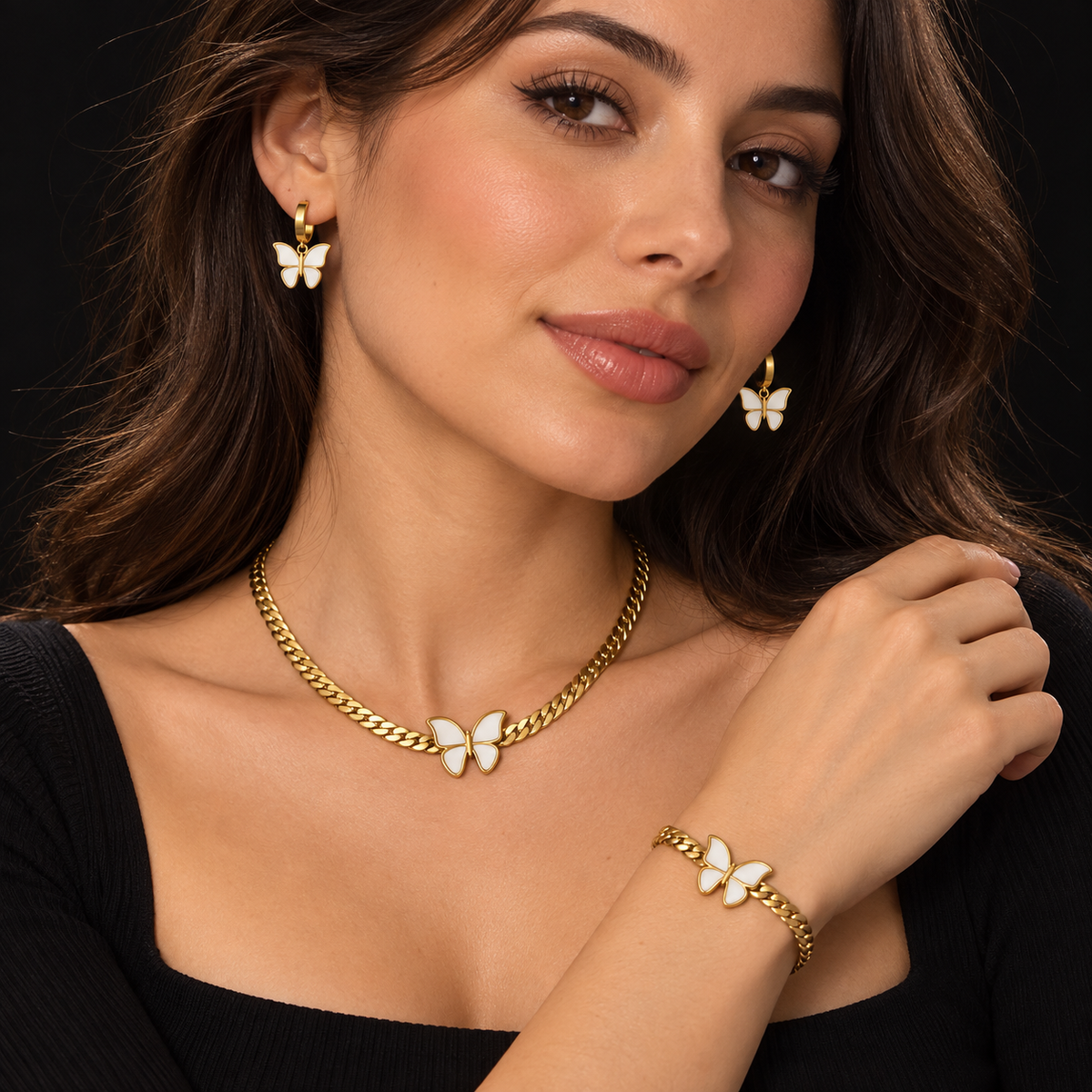 Conjunto Colar, Pulseira e Brincos Borboleta Branca
