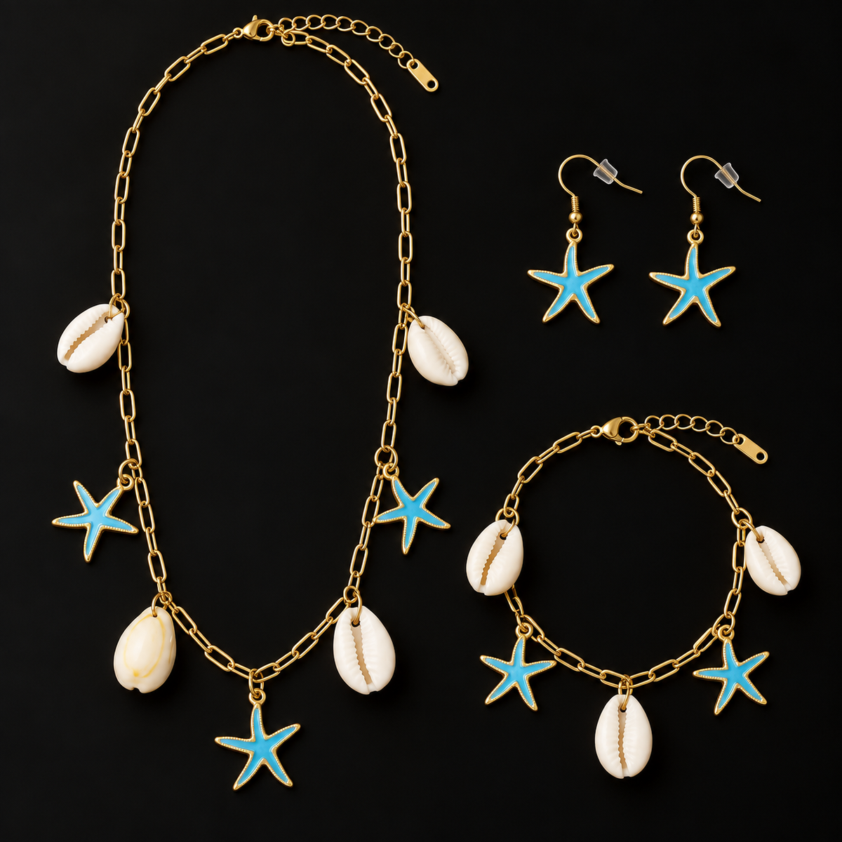 Conjunto Colar, Pulseira e Brincos Estrela-do-Mar Azul