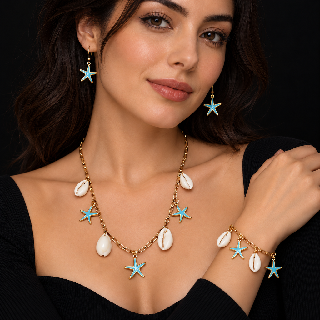 Conjunto Colar, Pulseira e Brincos Estrela-do-Mar Azul