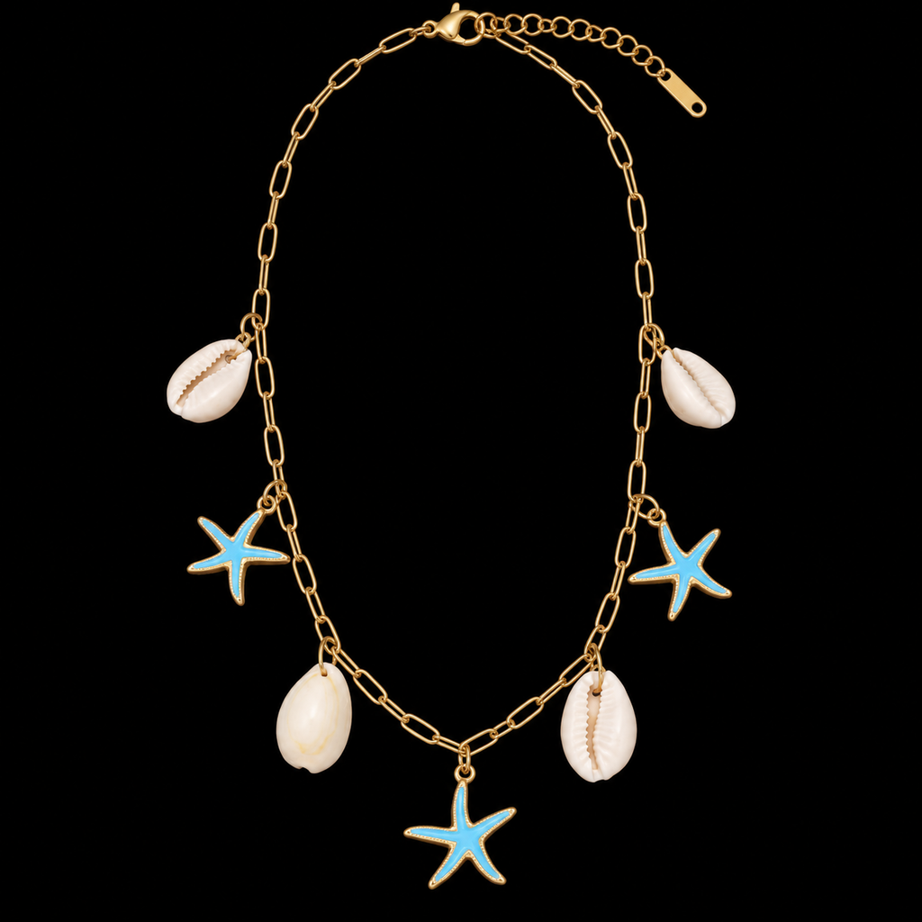 Conjunto Colar, Pulseira e Brincos Estrela-do-Mar Azul