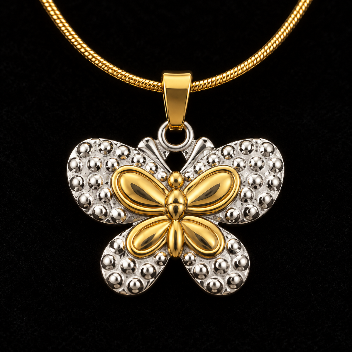 Colar Bicolor com Pendente Borboleta Texturada