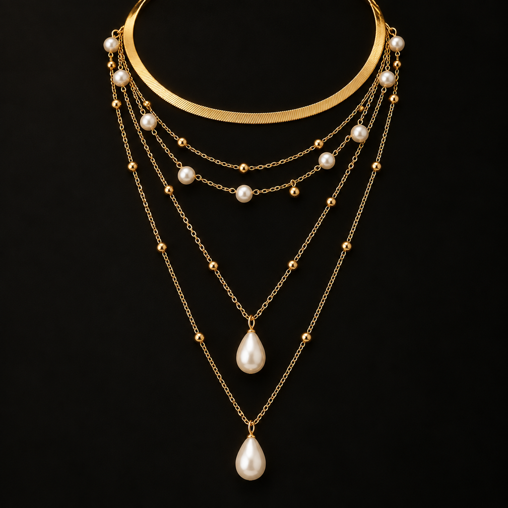 Conjunto de 3 Colares Dourados com Contas Brancas e Gotas