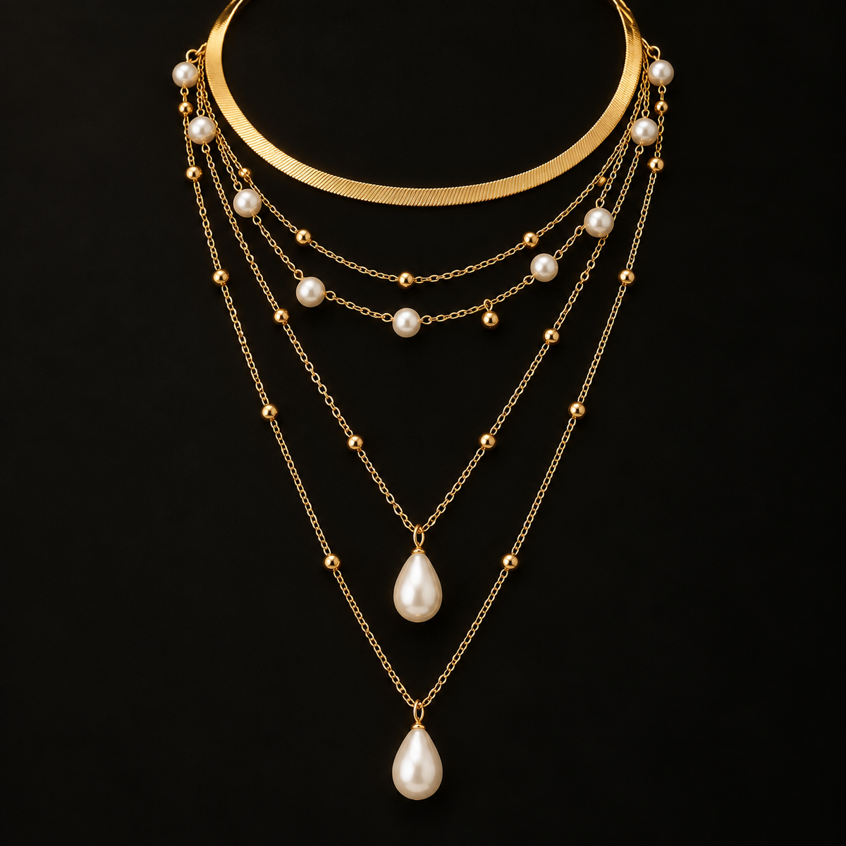 Conjunto de 3 Colares Dourados com Contas Brancas e Gotas