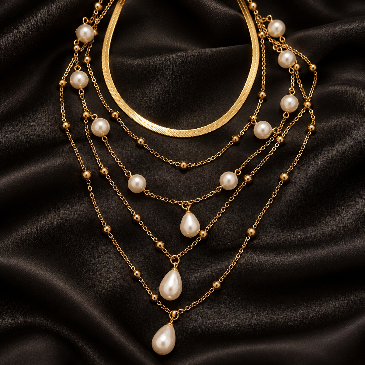Conjunto de 3 Colares Dourados com Contas Brancas e Gotas