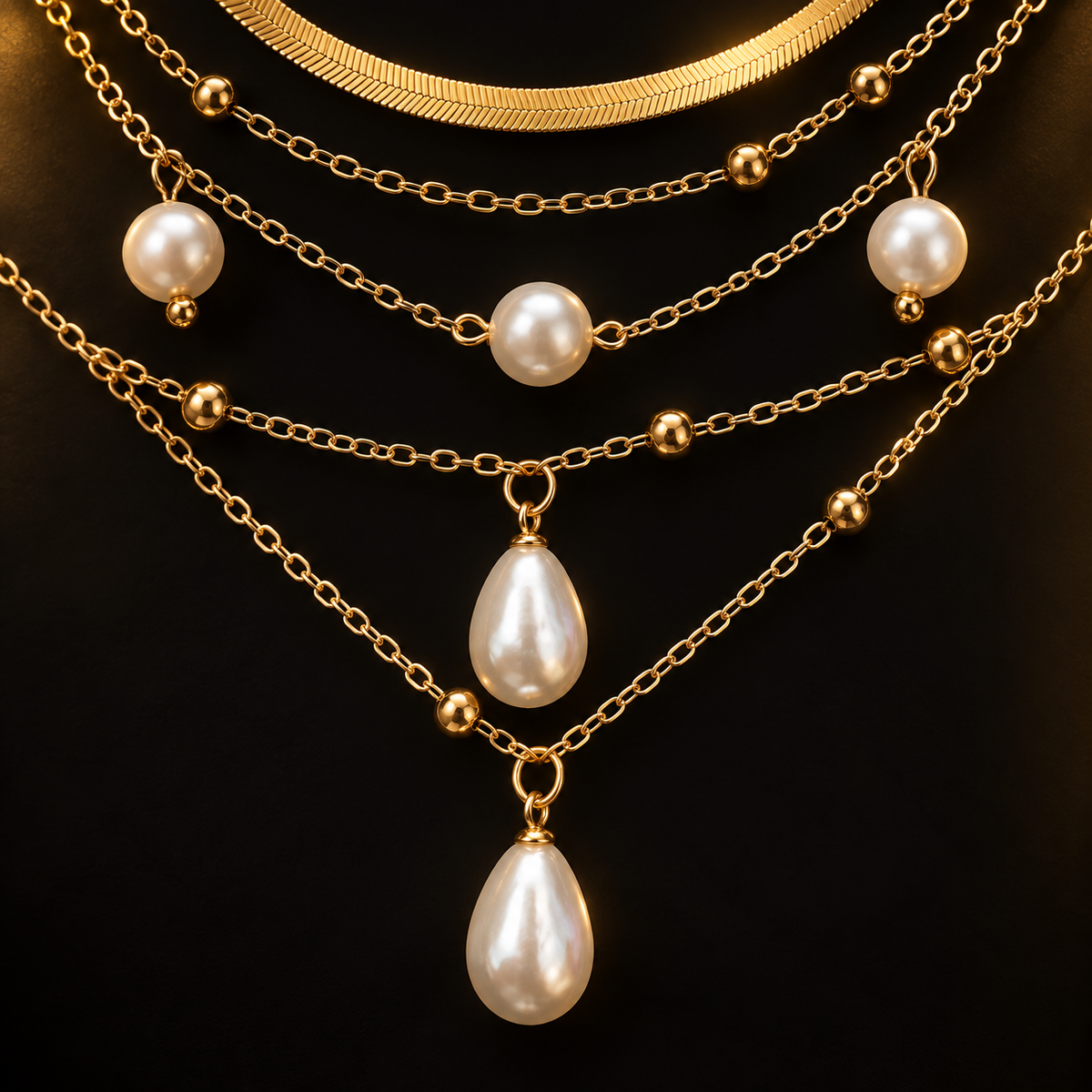Conjunto de 3 Colares Dourados com Contas Brancas e Gotas