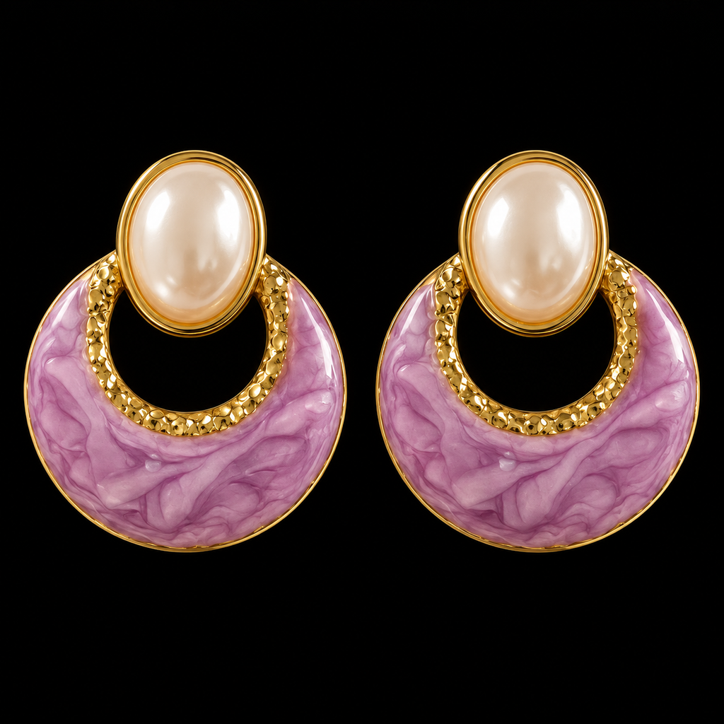 Brincos Rosa Marmoreado com Detalhe Oval Branco
