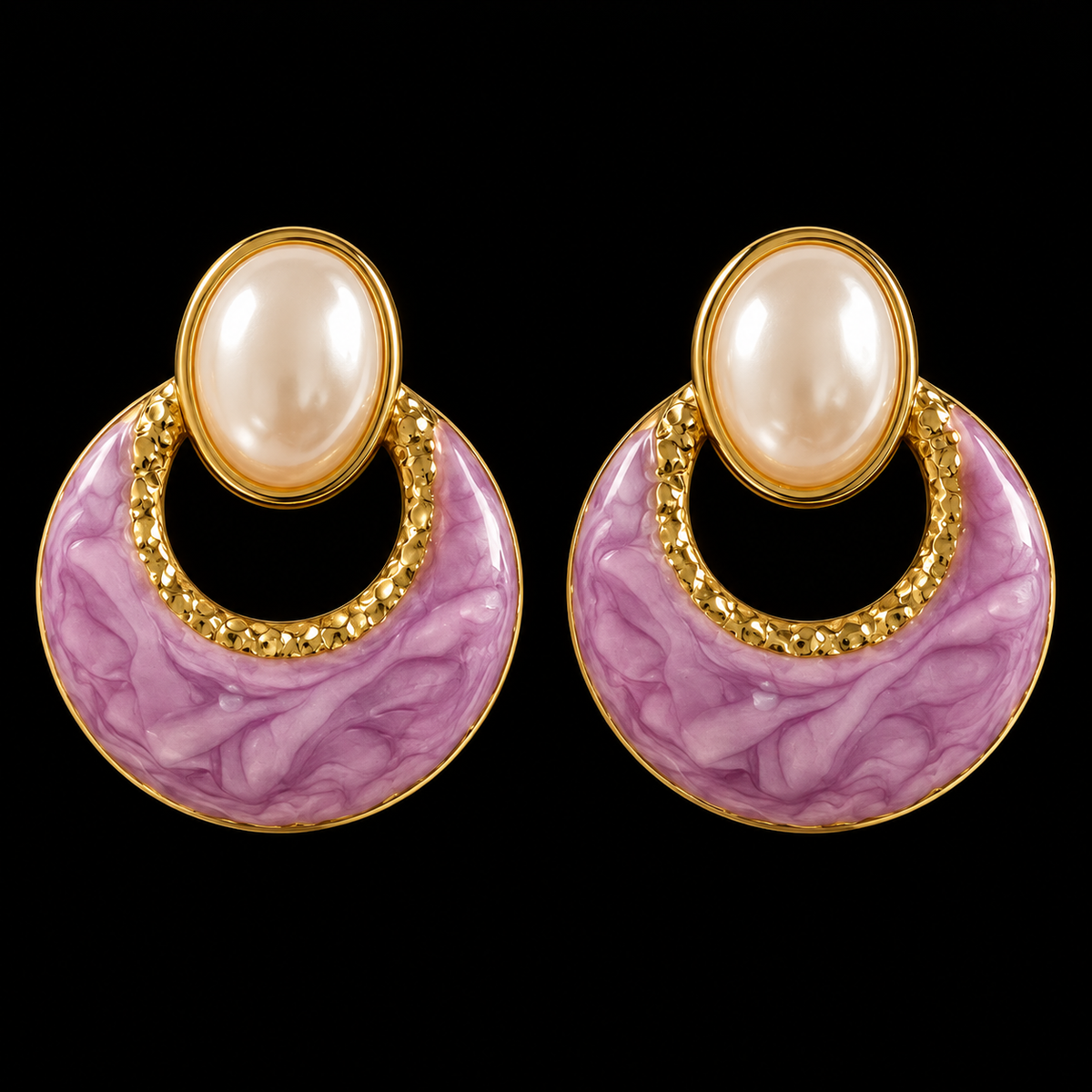 Brincos Rosa Marmoreado com Detalhe Oval Branco