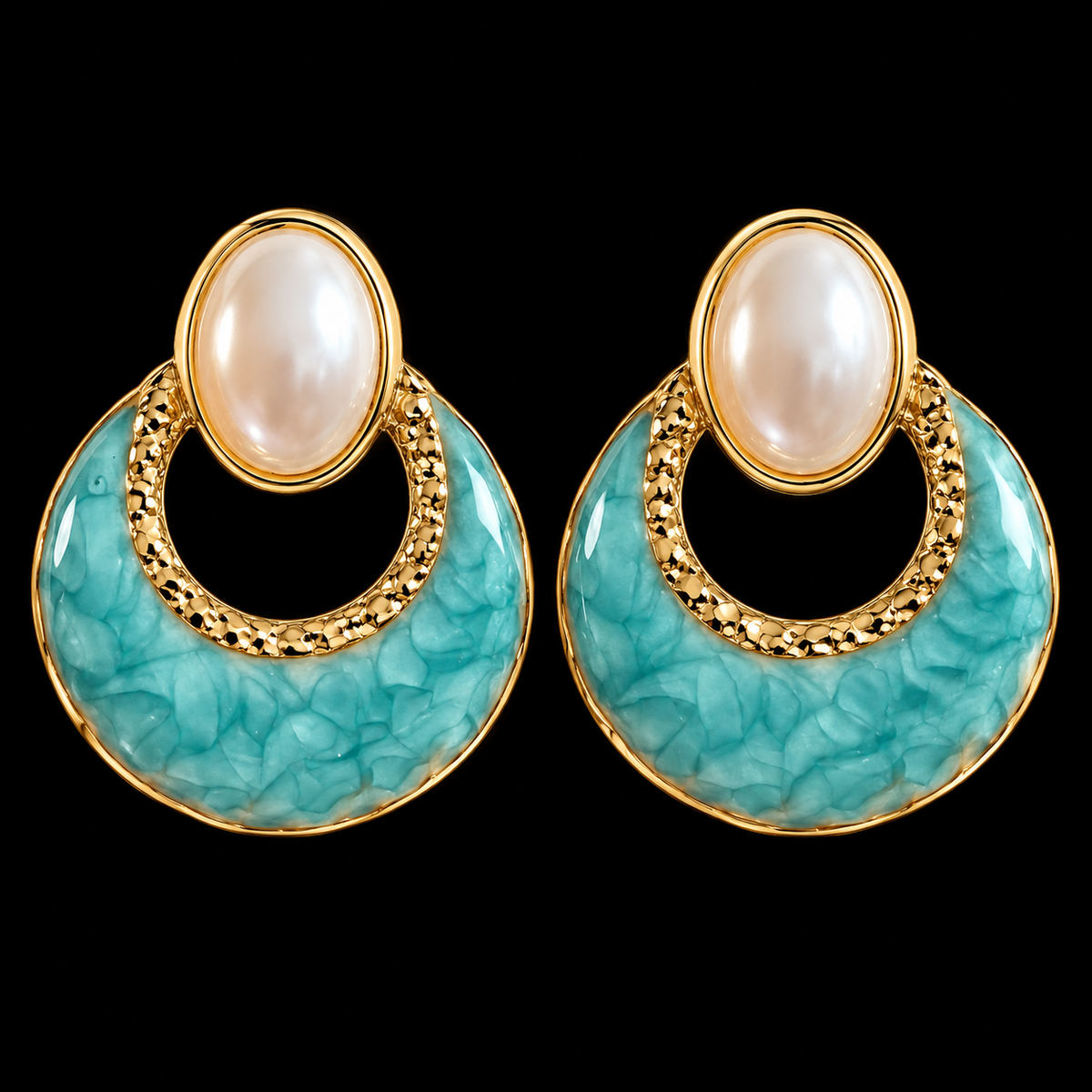 Brincos Azul-Turquesa Marmoreado com Detalhe Oval Branco