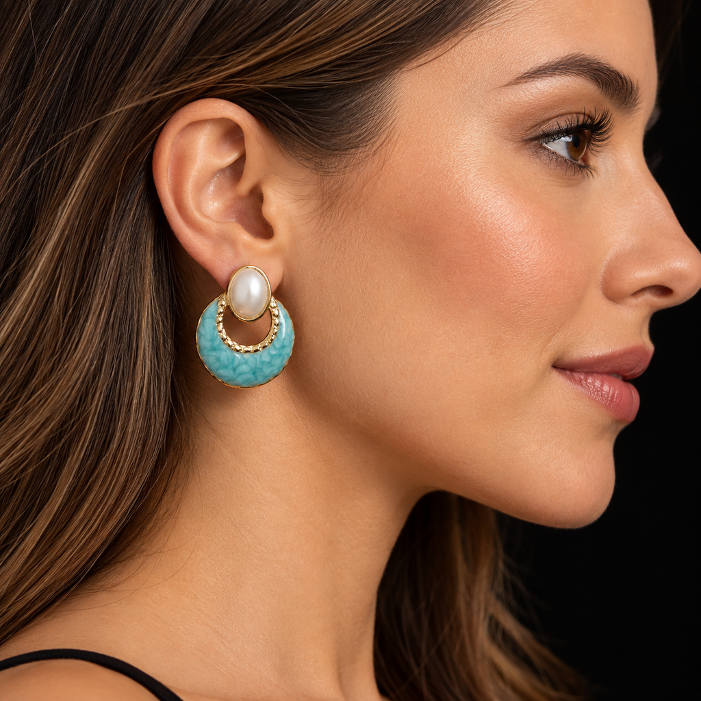 Brincos Azul-Turquesa Marmoreado com Detalhe Oval Branco