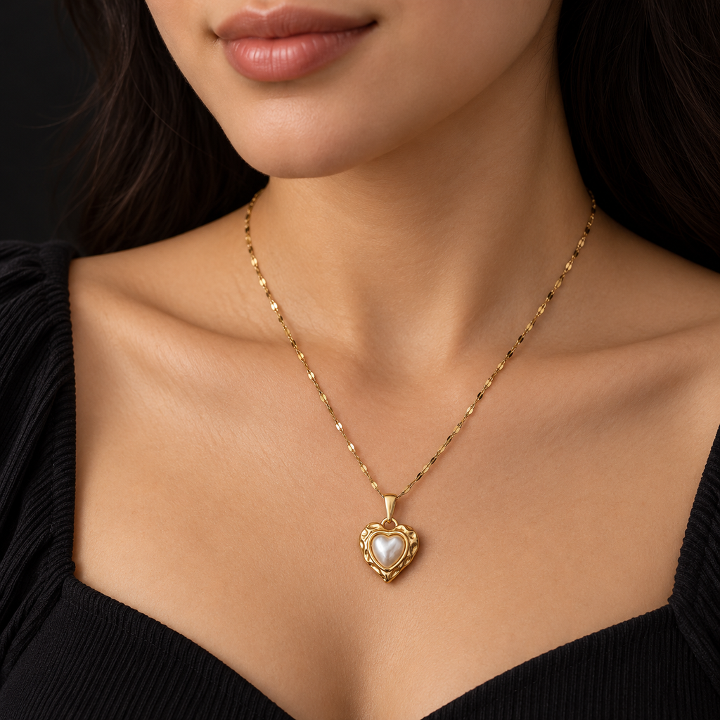 Colar Dourado com Pendente Coração e Centro Nacarado