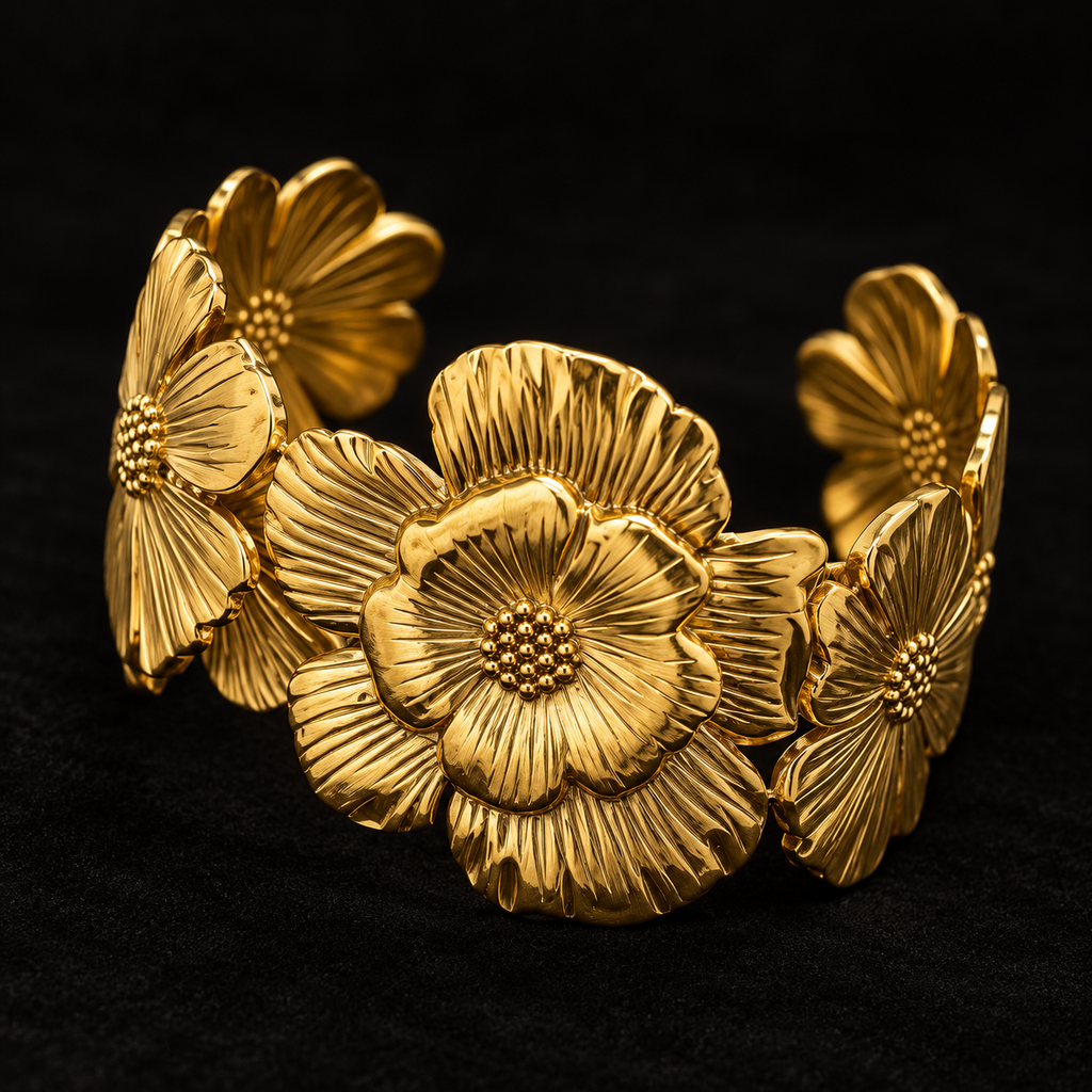 Pulseira Rígida Dourada Aberta com Flores em Relevo