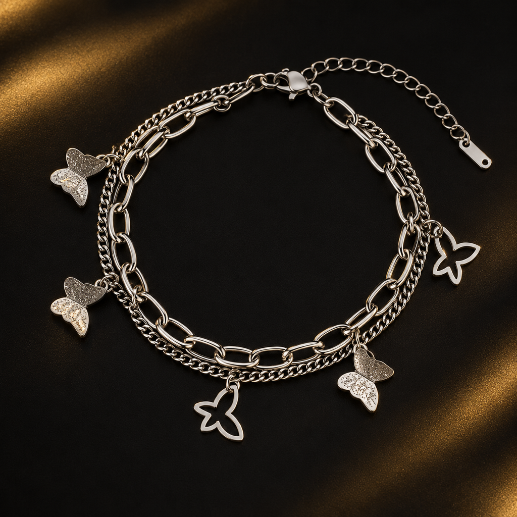 Pulseira Prateada Dupla com Borboletas